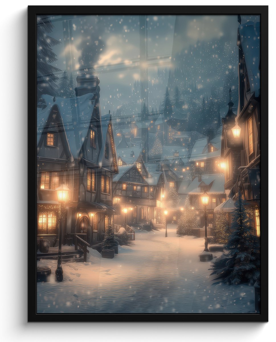 FrameYourWall Poster in lijst - Fotolijst 60x80 cm - Posters - Winterdorp - Sneeuw - Donker - Posterlijst zwart - Decoratie - Wanddecoratie woonkamer - Muurdecoratie slaapkamer