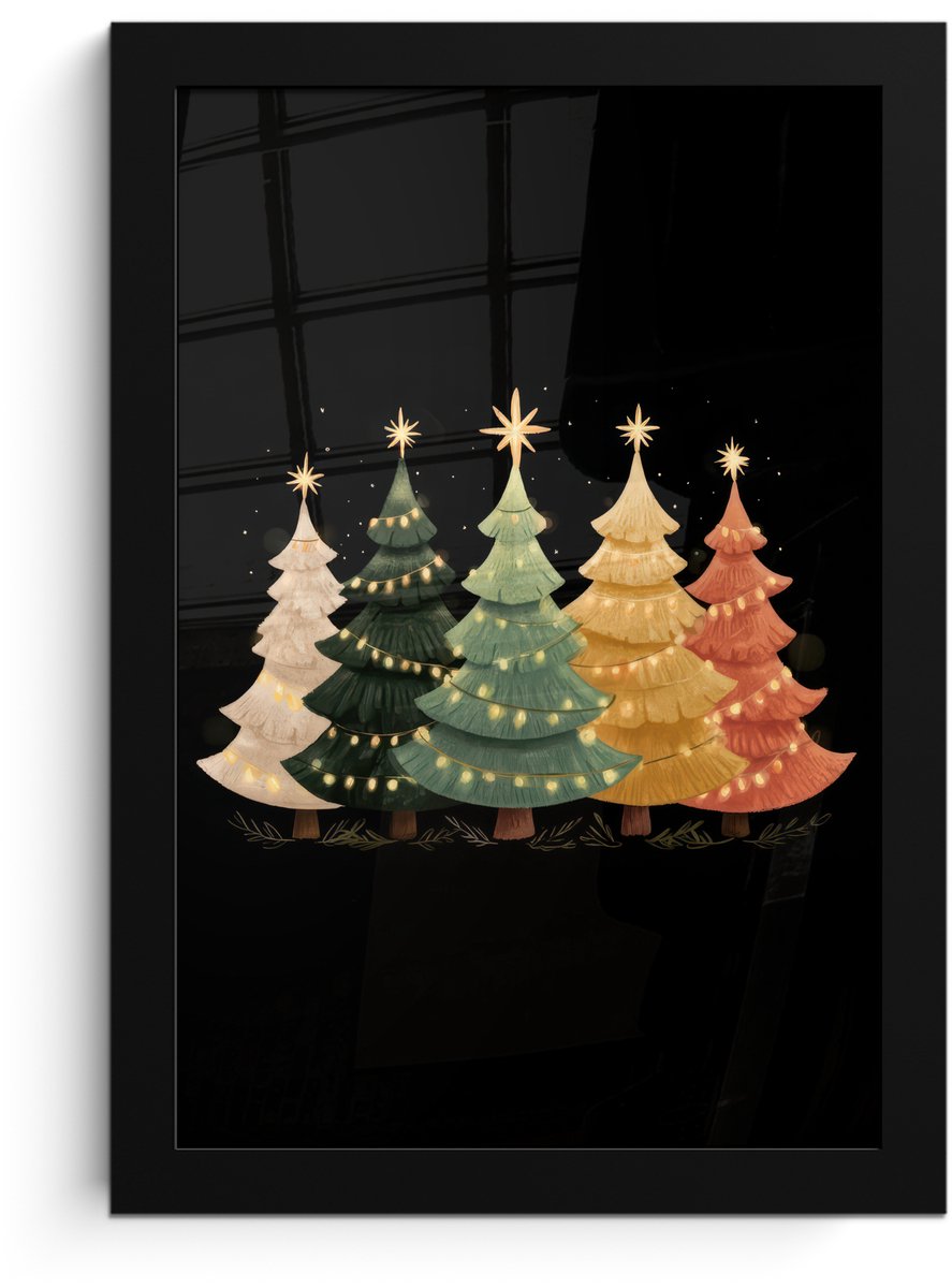 FrameYourWall Poster in lijst - Fotolijst 20x30 cm - Posters - Kerstbomen - Kleurrijk - Lichtjes - Ster - Posterlijst zwart - Decoratie - Wanddecoratie woonkamer - Muurdecoratie slaapkamer - Kerstversiering - Kerstdecoratie voor binnen - Kerstmis