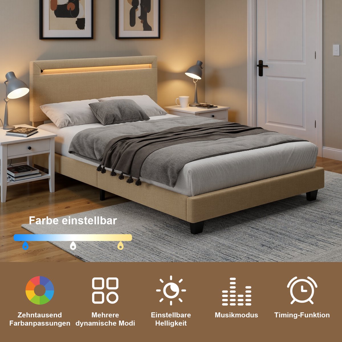 Xbro Gestoffeerd Bed 120 x 200 cm – met Bedhoofdbord LED-Verlichting – Tweepersoonsbed met Hoofdbord en Lattenbodem – Beige — cadeau in Cadeau-ideeën - foto 6