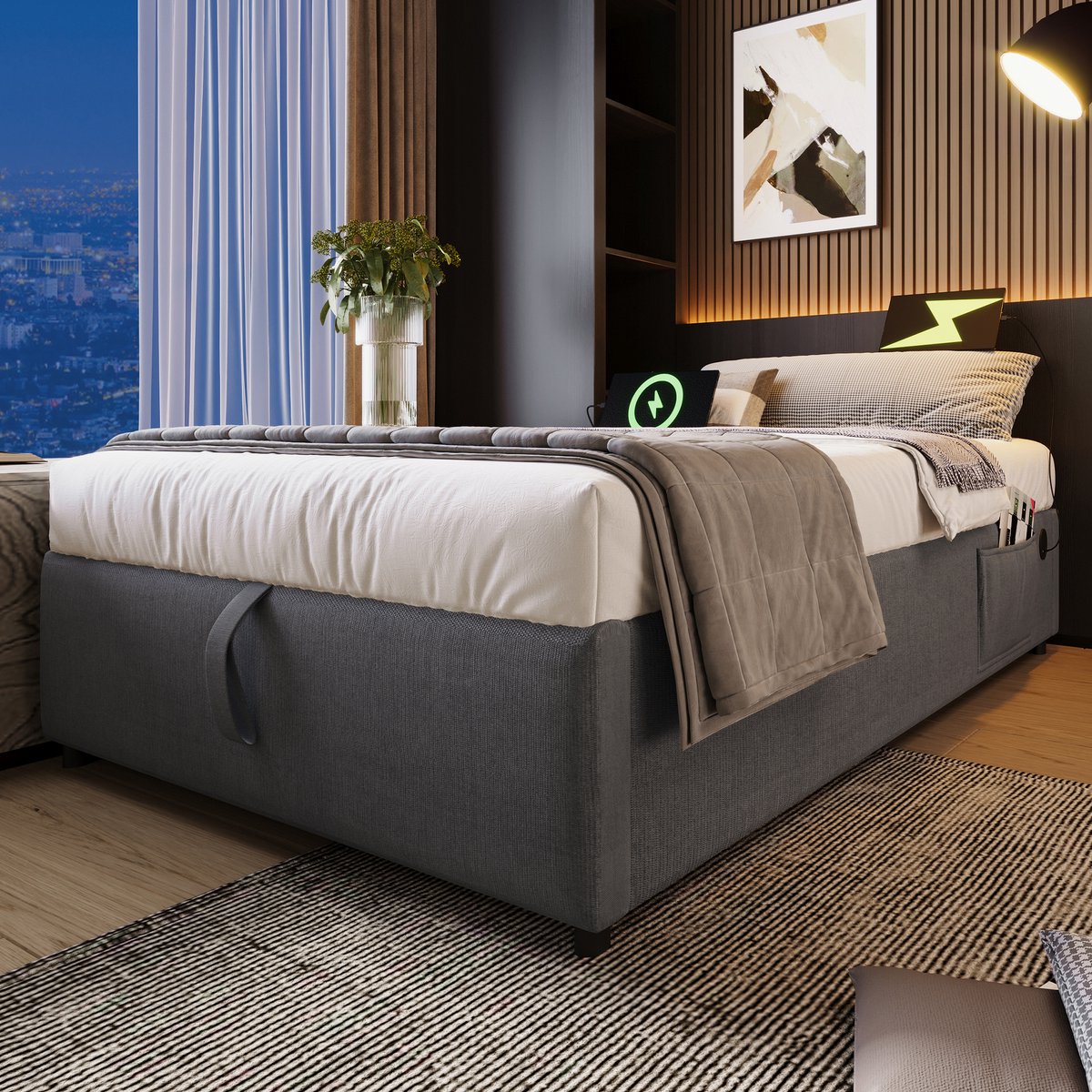 SINGULARITY-Gestoffeerd eenpersoonsbed 90x190 cm- gestoffeerd bedframe met USB-C en lattenbodem over het gehele oppervlak- zonder hoofdbord- katoen- grijs- zonder matras