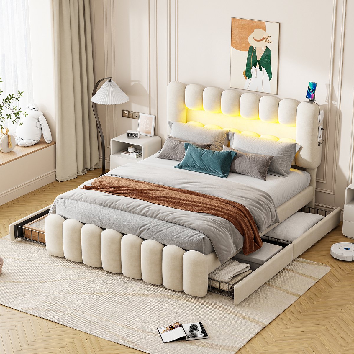 SINGULARITY-Gestoffeerd bed 160 x 200 cm- met 4 lades- met LED-lichtstrip met USB en stereosysteem- fluweel- beige- zonder matras