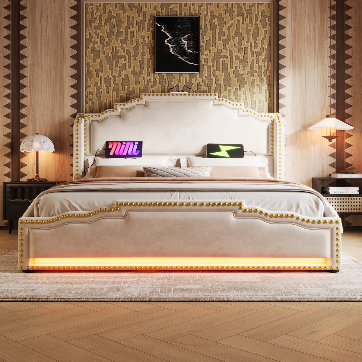 SINGULARITY-Gestoffeerd bed 140x200- tweepersoonsbed met 4 lades- ledverlichting en USB-C-oplaadpoort- beige- zonder matras