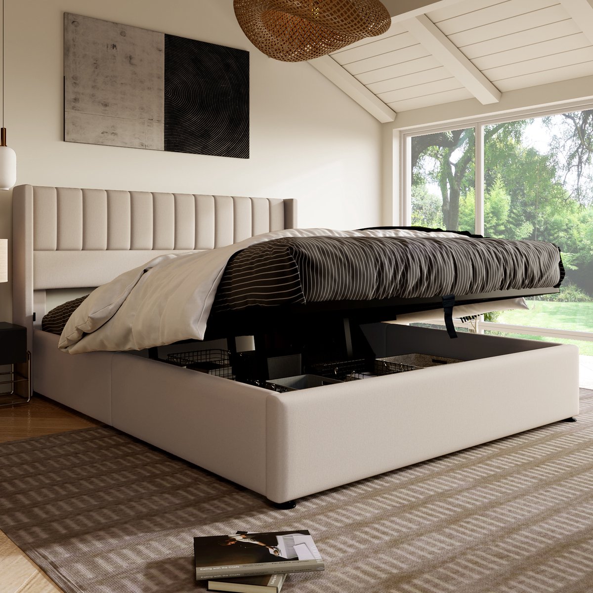 SINGULARITY-Opbergbed- gestoffeerd bed- hydraulisch tweepersoonsbed 180x200cm- houten lattenbodem- bed met metalen lattenbodem- linnen- beige- zonder matras