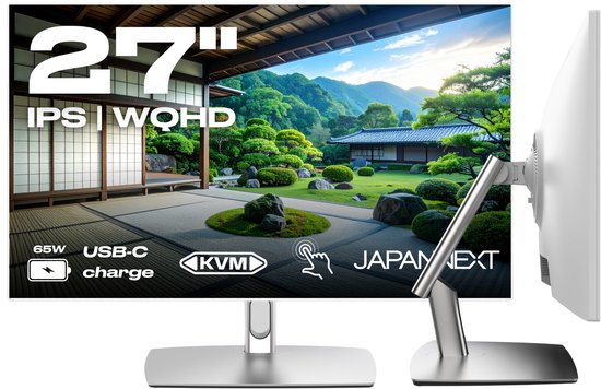 JAPANNEXT 27” Touchscreen Monitor Wit – IPS WQHD (2560x1440), HDR, USB-C Opladen (65W), Verstelbare Arm, FreeSync, Pivot, Ideaal Voor Kiosk En Kantoor