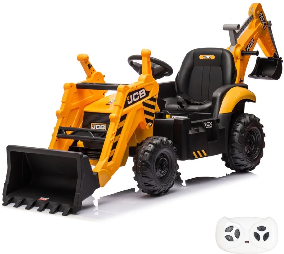 JCB Elektrische Kindertractor 12V 2 tot 6 jaar – Officieel Gelicentieerde Tractor met Werkende Voorlader & Graafmachine – Met Afstandsbediening, Li-ion Accu & 3-puntsgordel – Geel