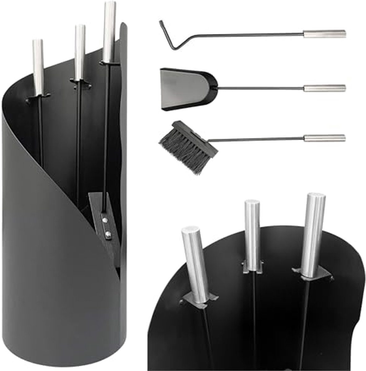 Moderne Haard Gereedschappen Set van 4 - Sleuf, Bezem, Schep en Ronde Stand