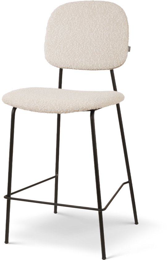 Tabouret de bar Nolon Jasmin Bouclé Beige - Piètement Zwart - 65 cm - Tissu - Îlot de cuisine - Tabouret de bar avec dossier