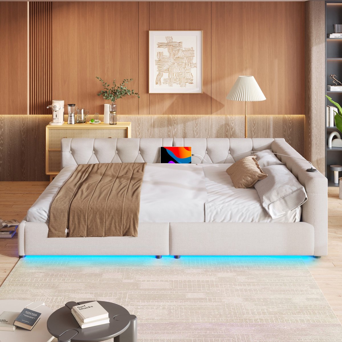 Sweiko Gestoffeerd bed - 140 x 200 cm - Slaapbank - LED-verlichting - USB+Type-C - Linnen - Beige