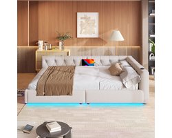 Canapé-lit Sweiko - 140 x 200 cm - Éclairage LED- Lit rembourré - USB+ Type-C - Lin - Beige