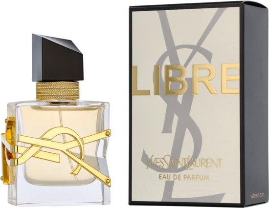 Doos en YSL Libre Eau de Parfum damesparfum. Gouden logo, gouden kettingdetail, zwarte dop.