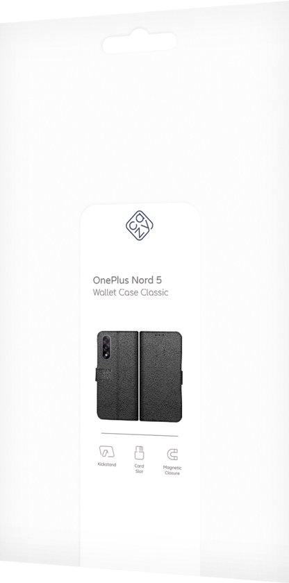 Emballage d'une pochette portefeuille noire OnePlus Nord 5 avec illustrations.
