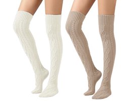Kniekousen - 2 stuks - Kousen - Laarssokken - Lange Kniekousen - Gebreide Kousen - Elastische Knie Sokken - Winter lange sokken - Warme Sokken - Dames gebreide warme sokken - Warme beenwarmers - Naadloos - Wit en bruin