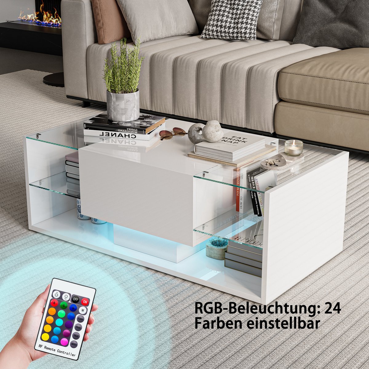 Witte Glanzende LED Salontafel (100x50x35 cm) - 4 Glazen Planken en Opberglade, Moderne Woonkamertafel, voor Woonkamer/Slaapkamer, Wit