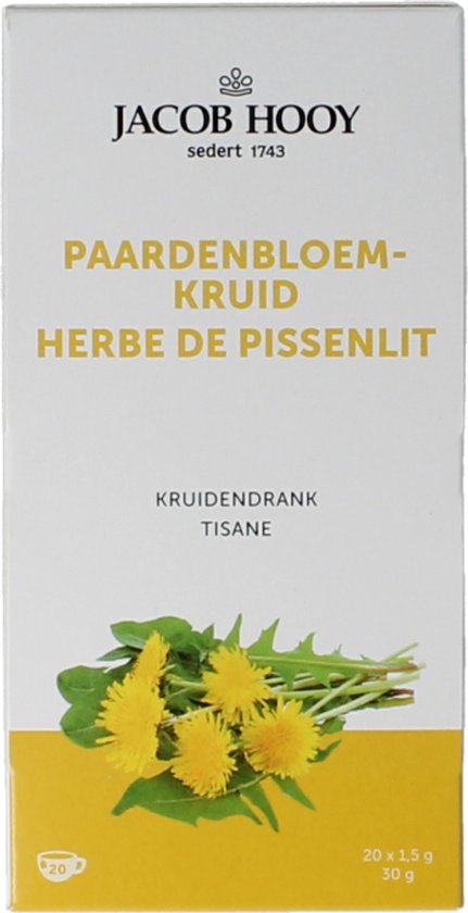 Verpakking Jacob Hooy paardenbloemkruid met "HERBE DE PISSENLIT" en "KRUIDENDRANK TISANE". Onderop een gele band met afbeelding van paardenbloemen en 20 zakjes van 1,5 gram.