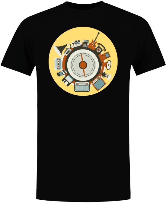 T-shirt noir pour homme avec un imprimé rond d'appareils de musique rétro, y compris une platine, une radio et une guitare.