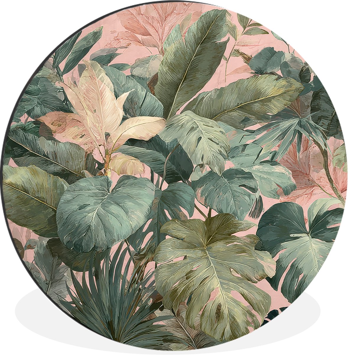 WallCircle Wandcirkel - Muurcirkel - Compositie van bladeren - Groen - Roze - Aluminium - Dibond - 140x140 cm - Binnen en Buiten Bladeren - Compositie