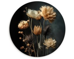 WallCircle® Wandcirkel 140x140 cm - Muurcirkel Boeket - Bloemen - Licht - Zwart - Muurdecoratie woonkamer - Wanddecoratie slaapkamer - Kamer decoratie accessoires - Ronde schilderijen