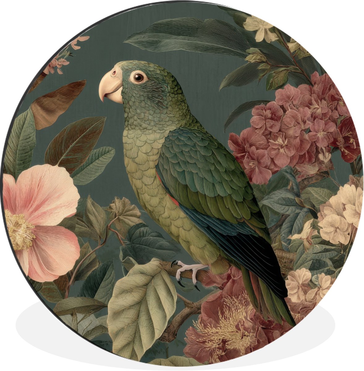 WallCircle Wandcirkel - Muurcirkel - Groene papegaai - Kleurrijke bloemen - Donkere achtergrond - Aluminium - Dibond - 120x120 cm - Binnen en Buiten Papegaai - Bloemen