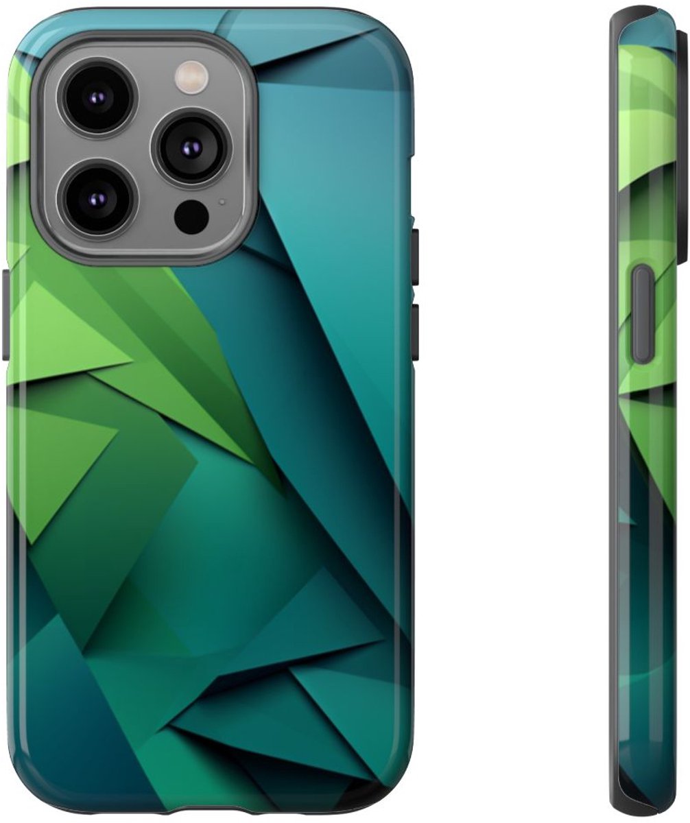 Geometrische Groene en Blauwe Driehoeken – Telefoonhoesje Geschikt voor iPhone 14 Pro