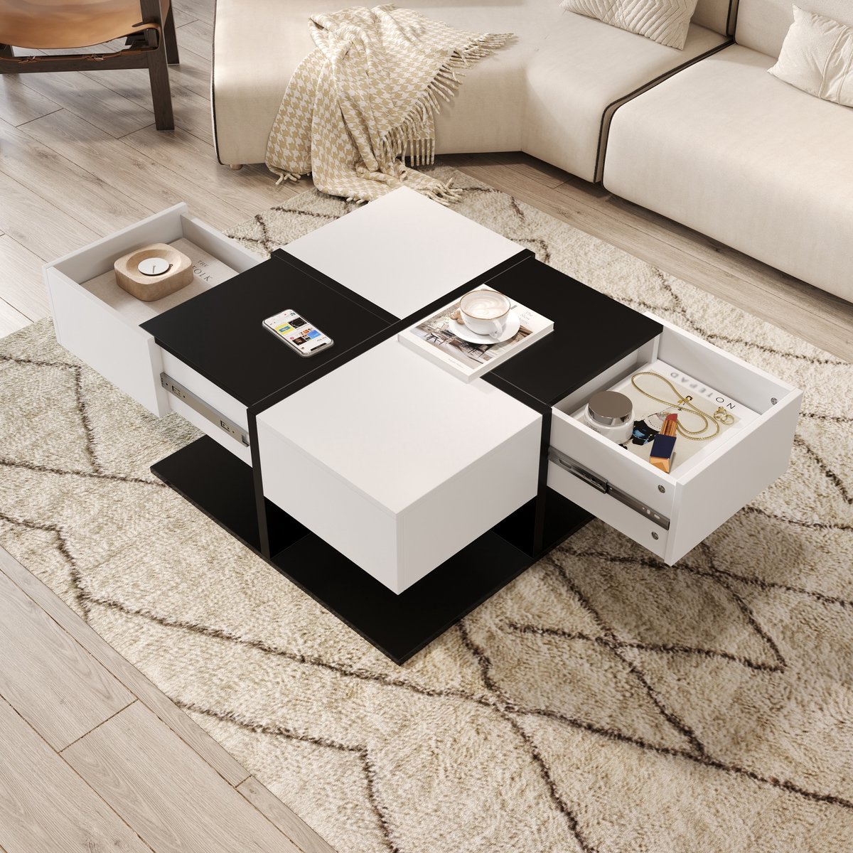 PHOEBE CAT Salontafel - 70×70×35.5 cm - 2 lades - Vierkant - Hoogglans - Zwart + Wit