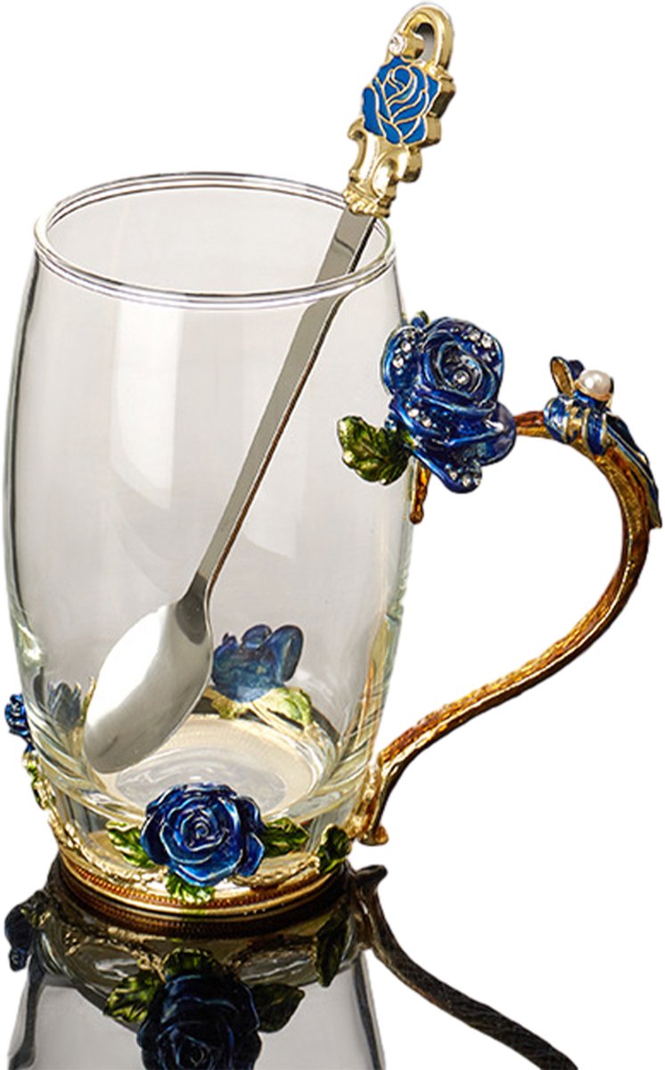 JeiibrZui Elegant Theemok - Grote Koffiemok - Lichtgewicht Glazen Becher Met 3D Bloemenontwerp En Kristallen Afwerking - 1 Stuk - Voor Warme/Koude Drank Blauw