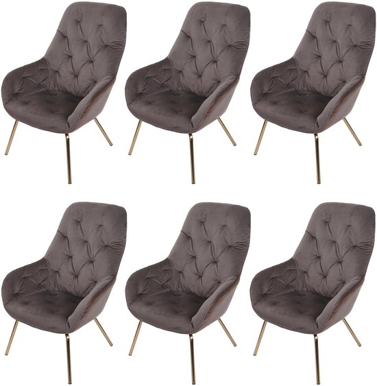 Ensemble de six chaises de salle à manger en velours taupe avec dos en similicuir marron et pieds dorés.