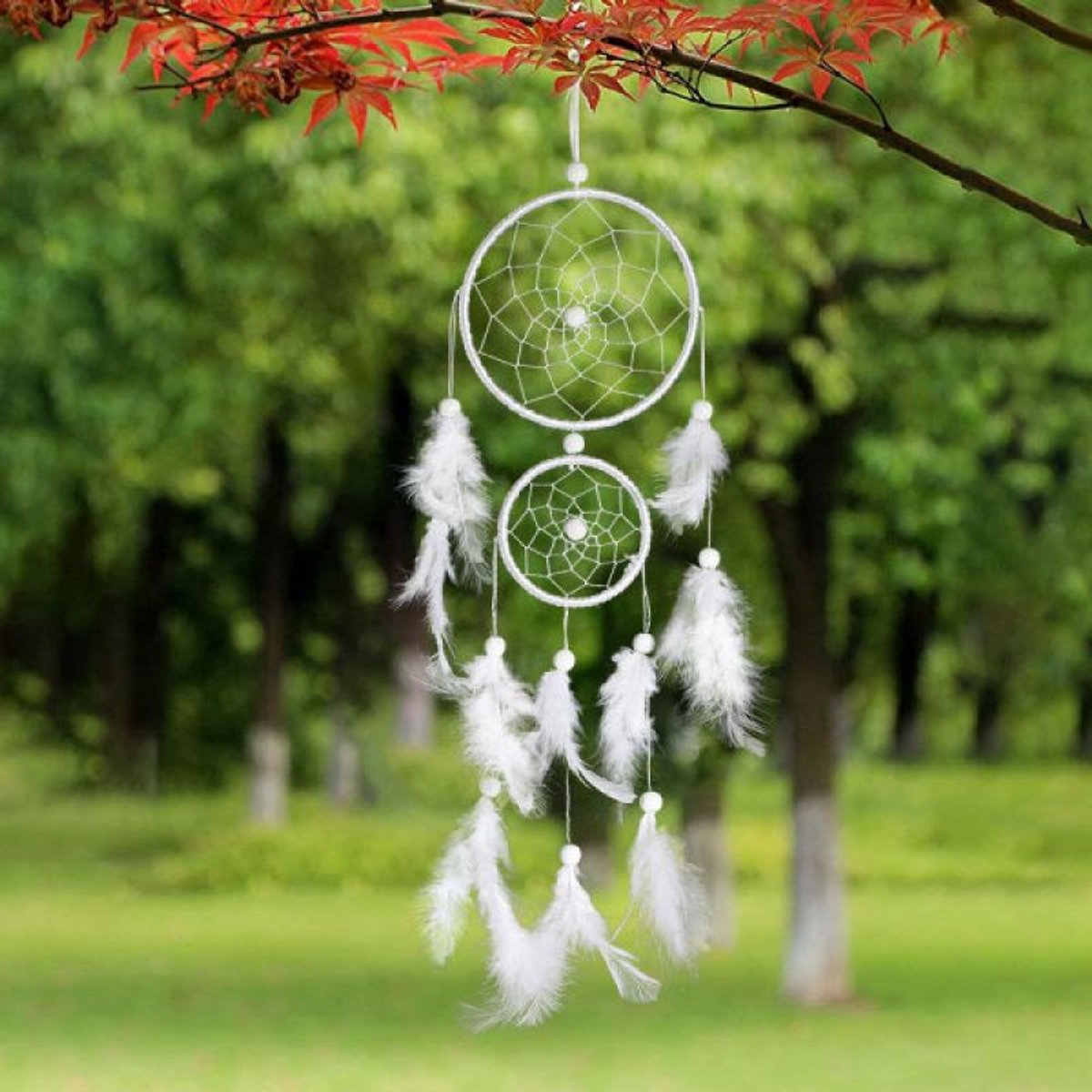 TuseRxln Dreamcatcher - Dream Catcher - Met Pluimen En Kralen Wanddecoratie - 2 Stuks - Voor Thuis Of Auto Wit