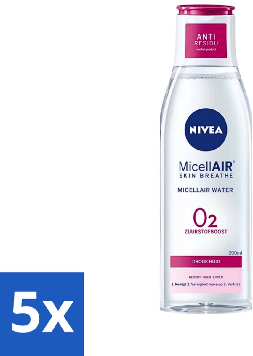 5 x Nivea - O2 Zuurstofboost Micellair Water - Droge Huid - 200 ml - Micellair Water - Droge Huid - Zuurstofboost - Reiniging - Hydratatie