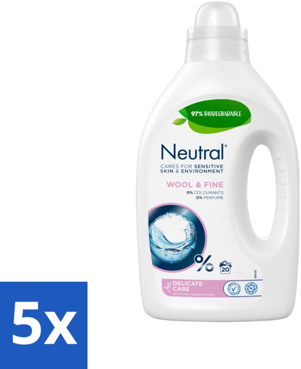 5 x Neutral Vloeibaar Wasmiddel Wol & Fijn 20 Wasbeurten 1 liter - Neutraal Wasmiddel - Hypoallergisch Wasmiddel - Parfumvrij Wasmiddel - Gevoelige Huid - Wasmachine