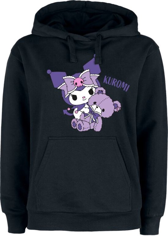 Zwarte hoodie met een paarse Kuromi-afbeelding en de tekst "KUROMI".