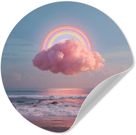 Sticker mural rond avec un nuage rose et un arc-en-ciel au-dessus d'un coucher de soleil sur la mer.