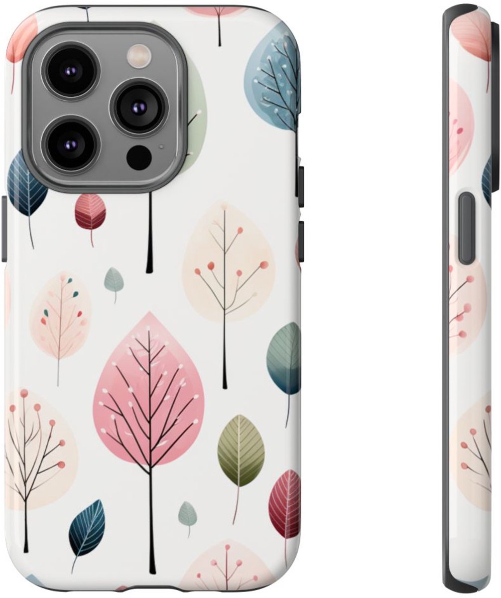 Pastelbladerenpatroon – Glanzend Stevig Telefoonhoesje Geschikt voor iPhone 14 Pro