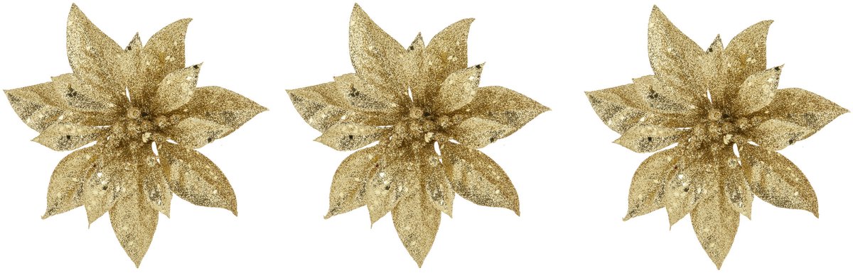Cosy & Trendy Decoratie bloem - 3x stuks - kerstster - op clip - goud - glitter -15 cm - kunststof - kerstversiering Goudkleurig