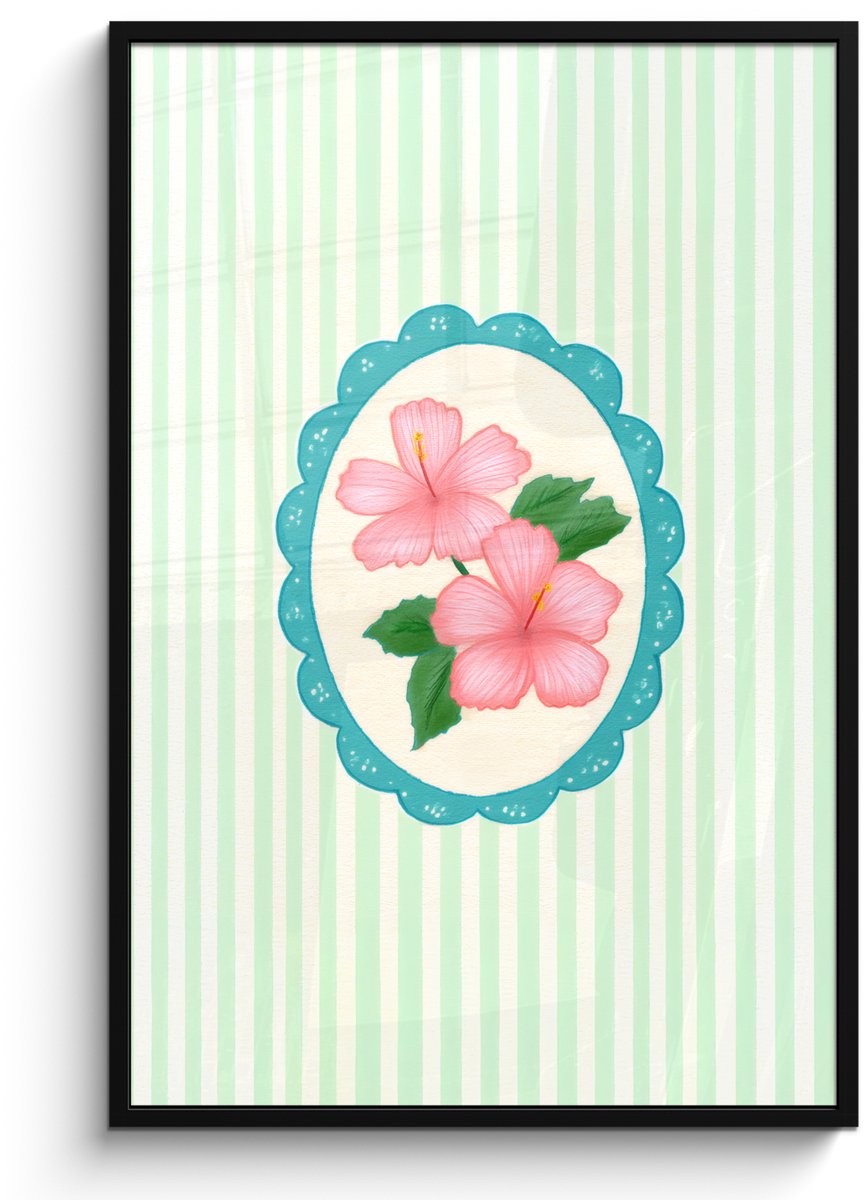 FrameYourWall Poster in lijst - Fotolijst 80x120 cm - Posters - Bloemen - Ovaal - Strepen - Groen - Posterlijst zwart - Decoratie - Wanddecoratie woonkamer - Muurdecoratie slaapkamer Bloemen - Strepen