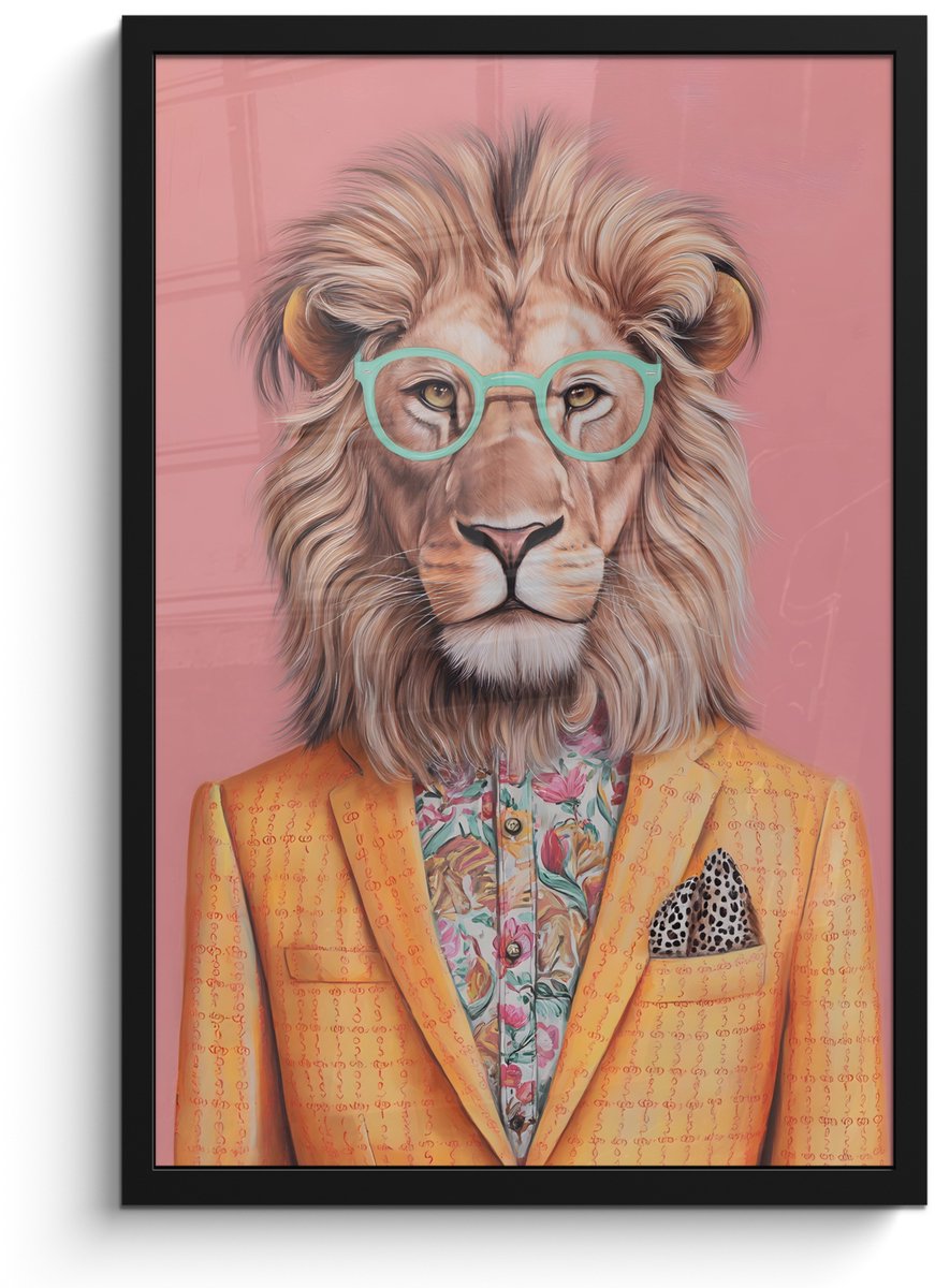 FrameYourWall Poster in lijst - Fotolijst 40x60 cm - Posters - Leeuw - Pak - Geruit - Bril - Posterlijst zwart - Decoratie - Wanddecoratie woonkamer - Muurdecoratie slaapkamer