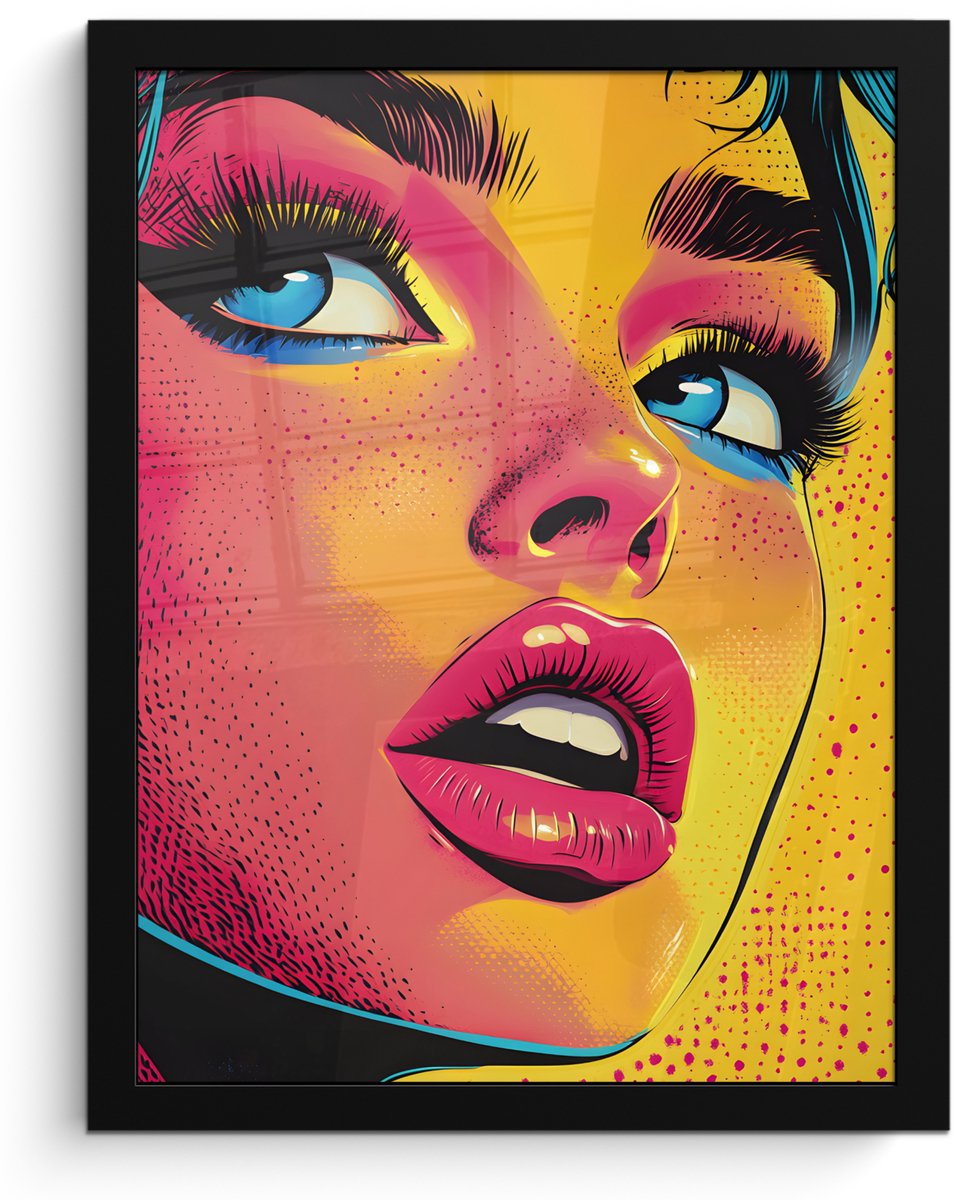 FrameYourWall Poster in lijst - Fotolijst 30x40 cm - Posters - Close-up - Vrouwengezicht - Stippen - Geel - Posterlijst zwart - Decoratie - Wanddecoratie woonkamer - Muurdecoratie slaapkamer Gezicht - Vrouw