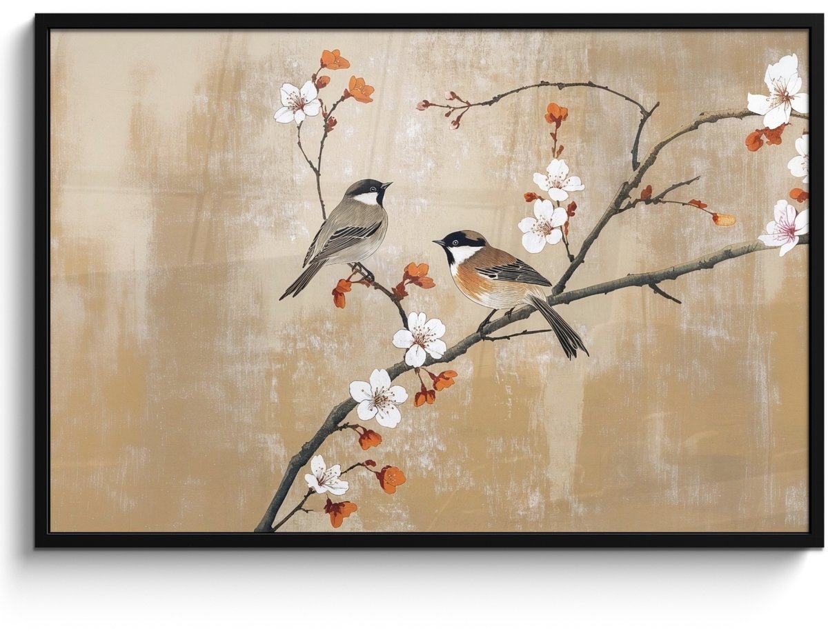 FrameYourWall Poster in lijst - Fotolijst 120x80 cm - Posters - Vogels - Bloesemtak - Bloemen - Oranje - Posterlijst zwart - Decoratie - Wanddecoratie woonkamer - Muurdecoratie slaapkamer