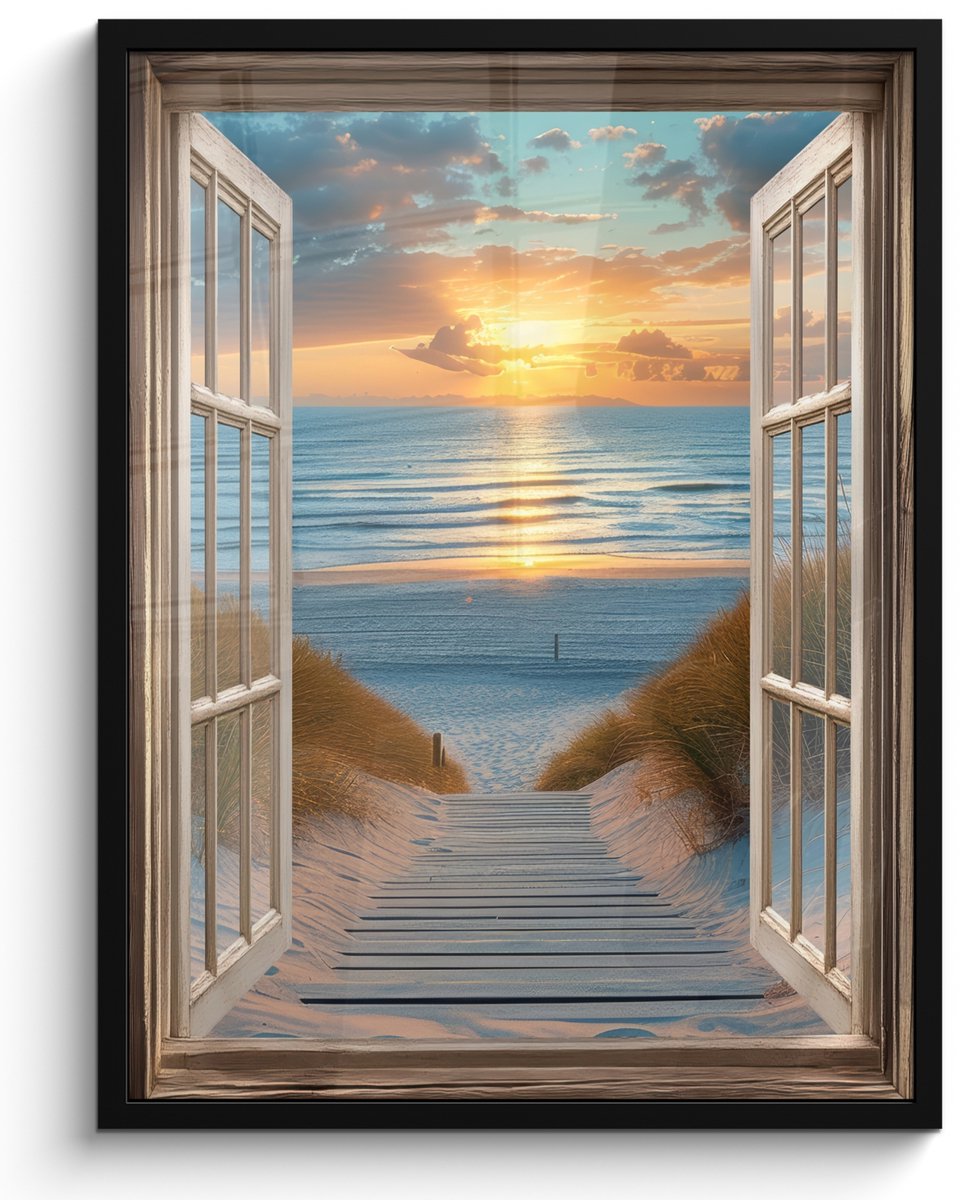 FrameYourWall Poster in lijst - Fotolijst 60x80 cm - Posters - Doorkijk - Strand - Pad - Zonsondergang - Posterlijst zwart - Decoratie - Wanddecoratie woonkamer - Muurdecoratie slaapkamer Zonsondergang - Zee
