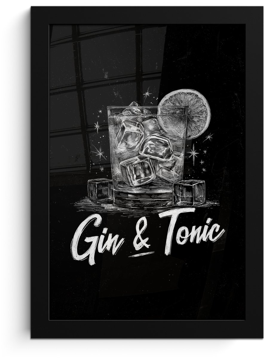 FrameYourWall Poster in lijst - Fotolijst 20x30 cm - Posters - Gin en tonic - Glas - Limoen - Ijsblokjes - Posterlijst zwart - Decoratie - Wanddecoratie woonkamer - Muurdecoratie slaapkamer Gin & tonic - Ijsblokjes