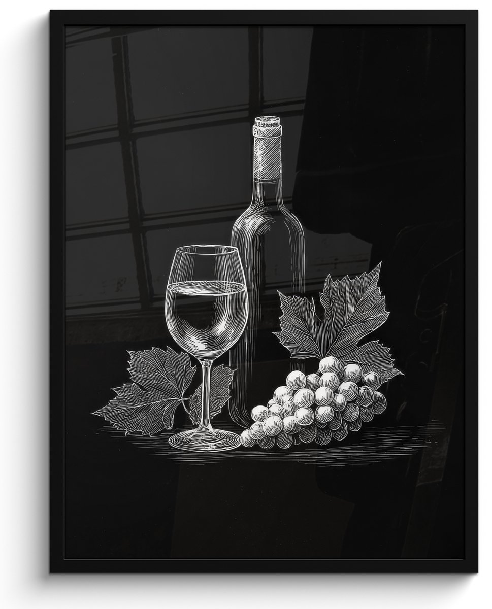 FrameYourWall Poster in lijst - Fotolijst 60x80 cm - Posters - Wijnfles - Glas - Druiven - Bladeren - Posterlijst zwart - Decoratie - Wanddecoratie woonkamer - Muurdecoratie slaapkamer Wijnfles - Druiven