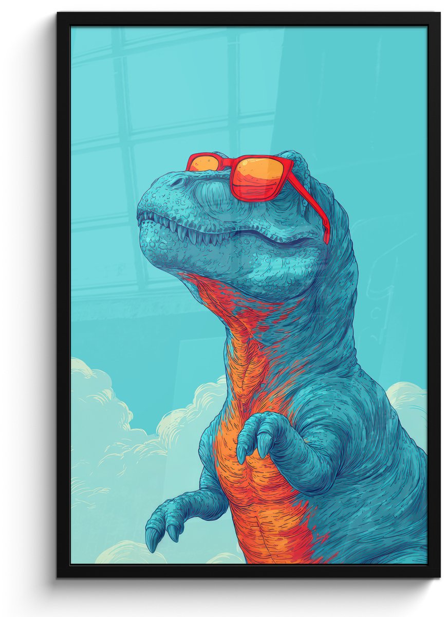 FrameYourWall Poster in lijst - Fotolijst 60x90 cm - Posters - T-Rex - Blauw - Wolken - Zonnebril - Posterlijst zwart - Decoratie - Wanddecoratie woonkamer - Muurdecoratie slaapkamer Dinosaurus - Wolken - Zonnebril