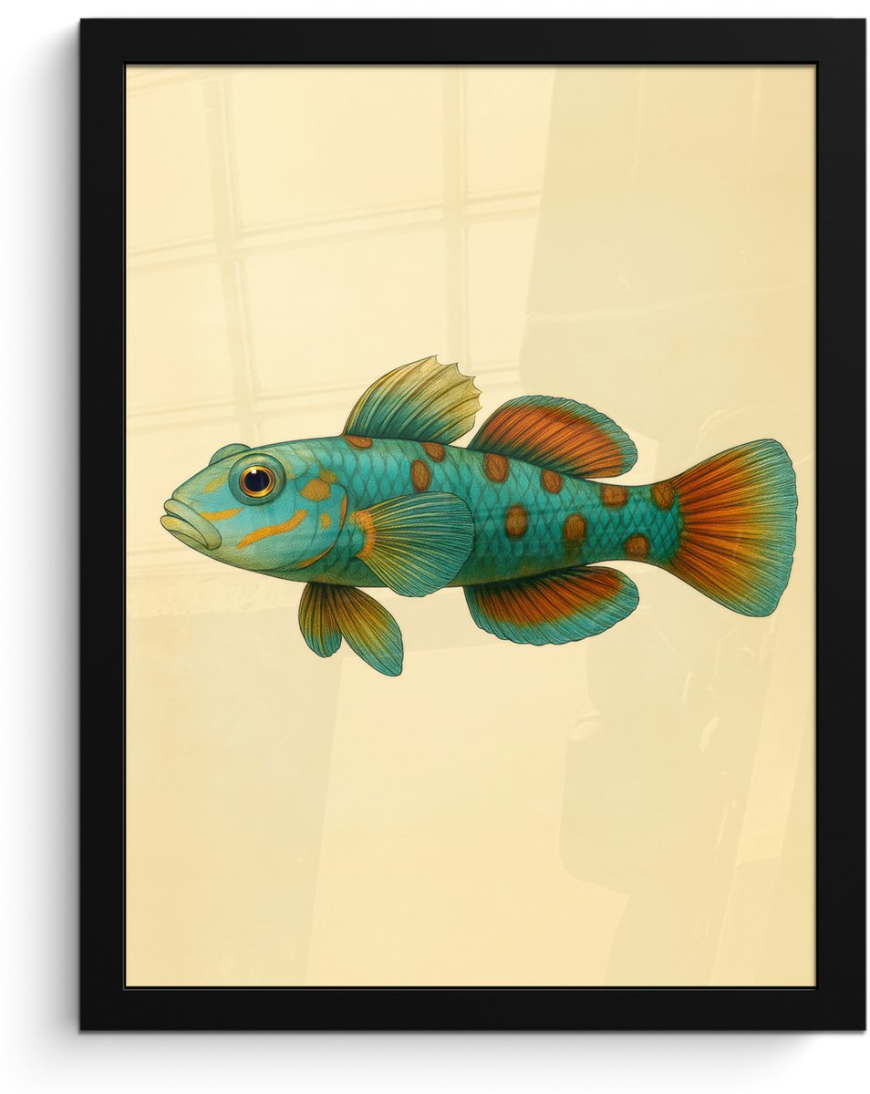 FrameYourWall Poster in lijst - Fotolijst 30x40 cm - Posters - Vis - Blauw - Stippen - Schubben - Posterlijst zwart - Decoratie - Wanddecoratie woonkamer - Muurdecoratie slaapkamer Vis - Stippen