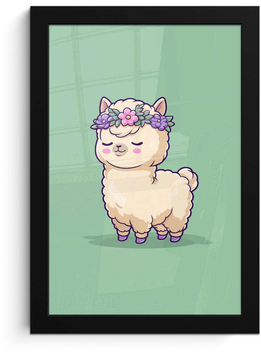 FrameYourWall Poster in lijst - Fotolijst 20x30 cm - Posters - Alpaca - Groen - Bloemendiadeem - Posterlijst zwart - Decoratie - Wanddecoratie woonkamer - Muurdecoratie slaapkamer
