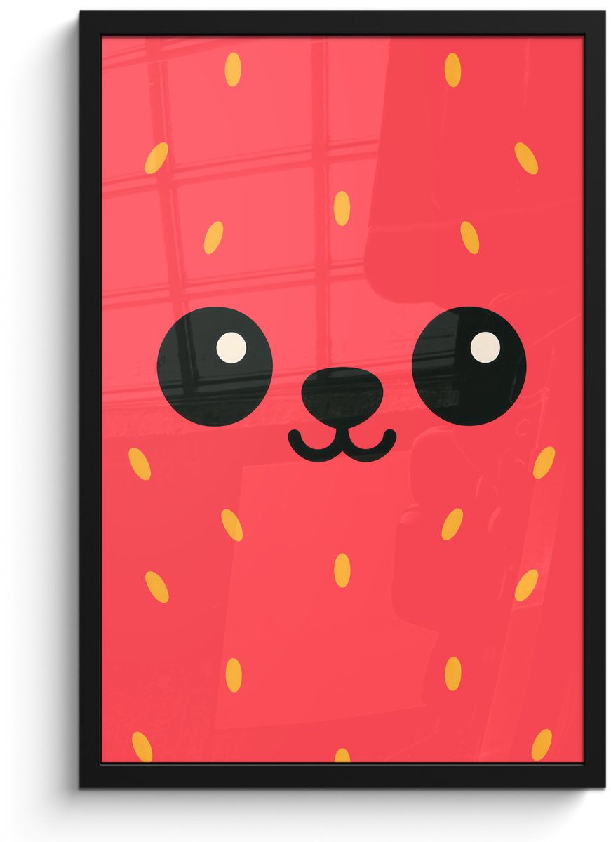 FrameYourWall Poster in lijst - Fotolijst 40x60 cm - Posters - Kat - Aardbei - Cartoon - Posterlijst zwart - Decoratie - Wanddecoratie woonkamer - Muurdecoratie slaapkamer
