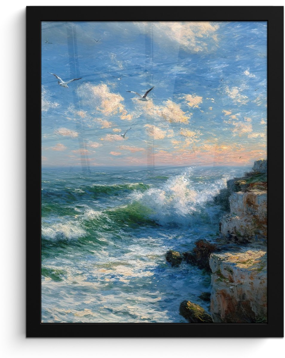 FrameYourWall Poster in lijst - Fotolijst 30x40 cm - Posters - Zee - Golven - Rotsen - Meeuwen - Posterlijst zwart - Decoratie - Wanddecoratie woonkamer - Muurdecoratie slaapkamer