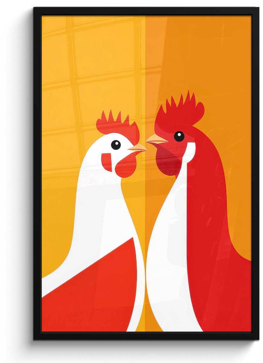 FrameYourWall Poster in lijst - Fotolijst 60x90 cm - Posters - Kippen - Oranje - Vlakken - Posterlijst zwart - Decoratie - Wanddecoratie woonkamer - Muurdecoratie slaapkamer