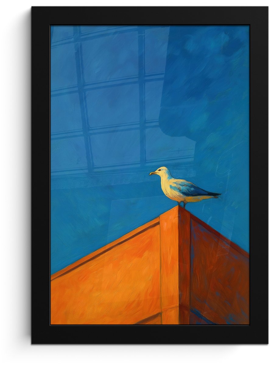 FrameYourWall Poster in lijst - Fotolijst 20x30 cm - Posters - Meeuw - Gebouw - Lucht - Geschilderd - Posterlijst zwart - Decoratie - Wanddecoratie woonkamer - Muurdecoratie slaapkamer