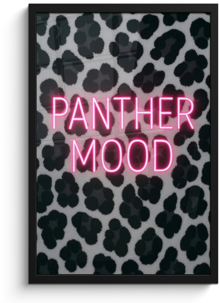 FrameYourWall Poster in lijst - Fotolijst 40x60 cm - Posters - Panterprint - Zwart - Neonletters - Roze - Posterlijst zwart - Decoratie - Wanddecoratie woonkamer - Muurdecoratie slaapkamer Panterprint - Tekst