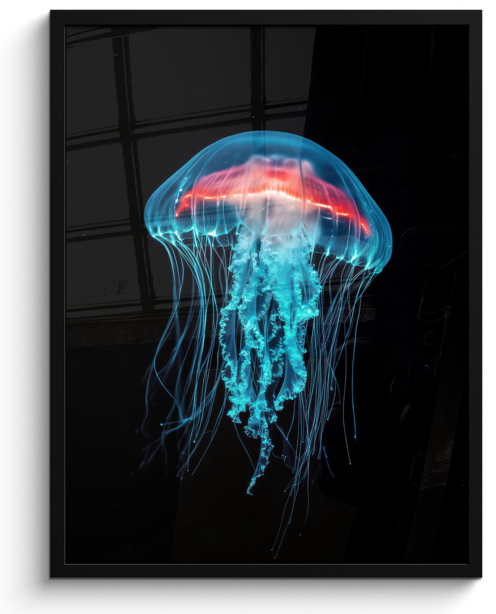 FrameYourWall Poster in lijst - Fotolijst 60x80 cm - Posters - Kwal - Tentakels - Blauw - Licht - Posterlijst zwart - Decoratie - Wanddecoratie woonkamer - Muurdecoratie slaapkamer Kwal - Tentakels - Licht