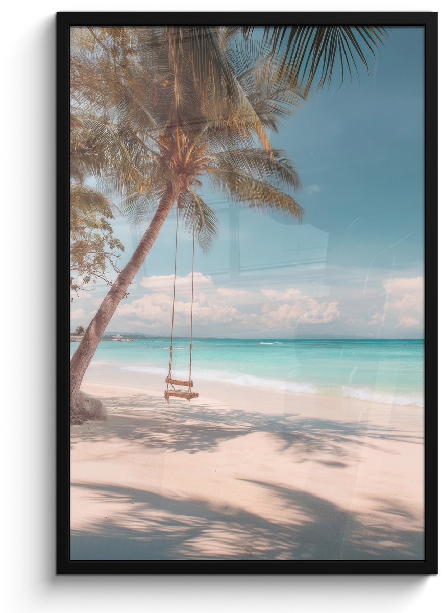 FrameYourWall Poster in lijst - Fotolijst 60x90 cm - Posters - Palmboom - Schommel - Strand - Lucht - Posterlijst zwart - Decoratie - Wanddecoratie woonkamer - Muurdecoratie slaapkamer
